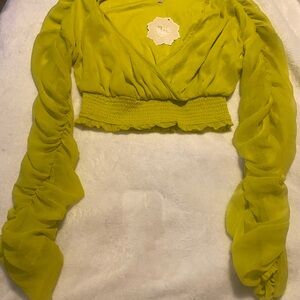 indulge Lime Green Ruched Long-Sleeve Wrap Crop Top